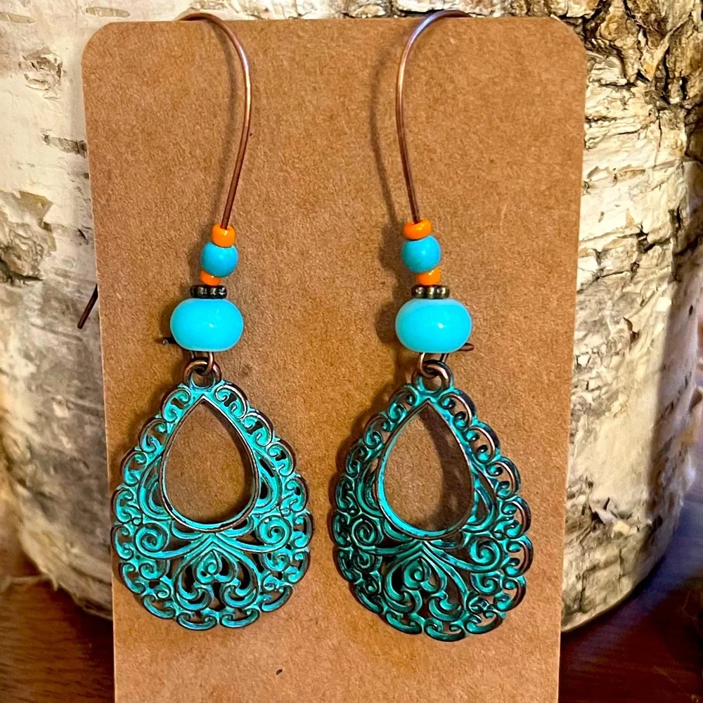 Artisan Teardrop Dangle Earrings Vintage Beads Filagree Patina Drop
